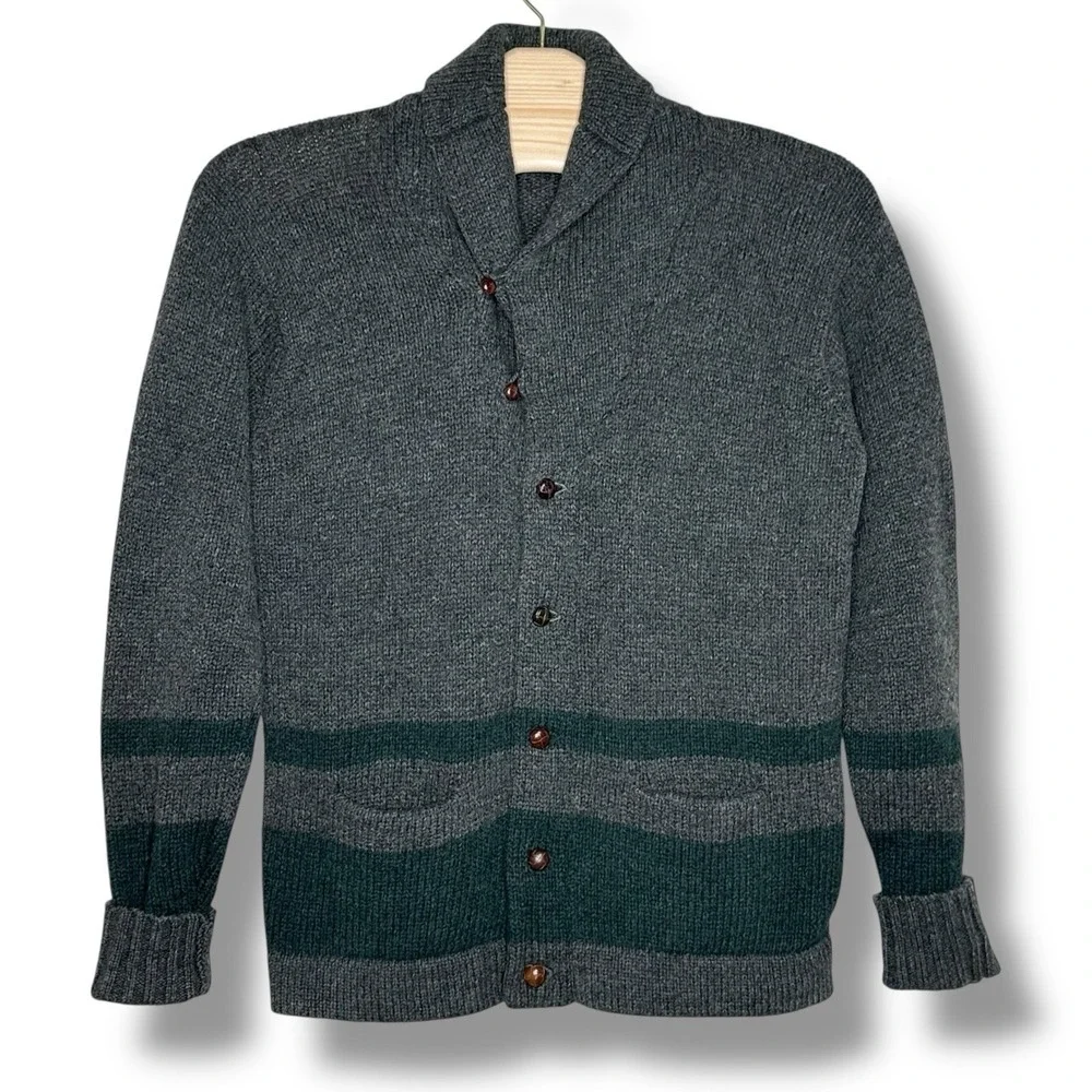 Vintage Polo Ralph Lauren Mens Varsity Wool Cardigan Sweater Gray Green Stripe